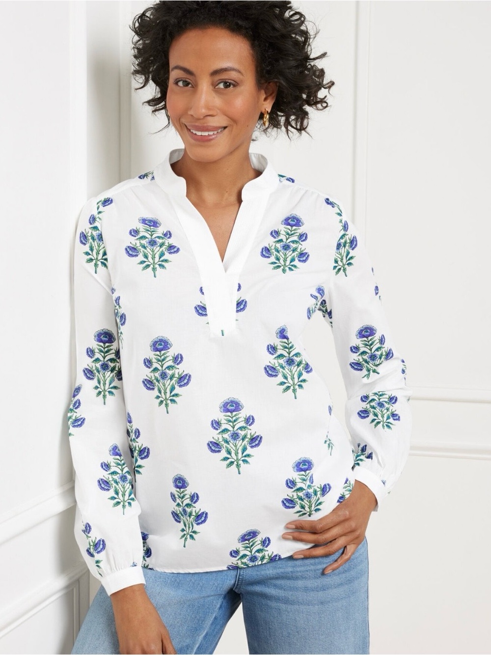 Talbots Woodblock Blooms Popover Blouse 2xl Blue Floral Cotton Long Sleeve NWT